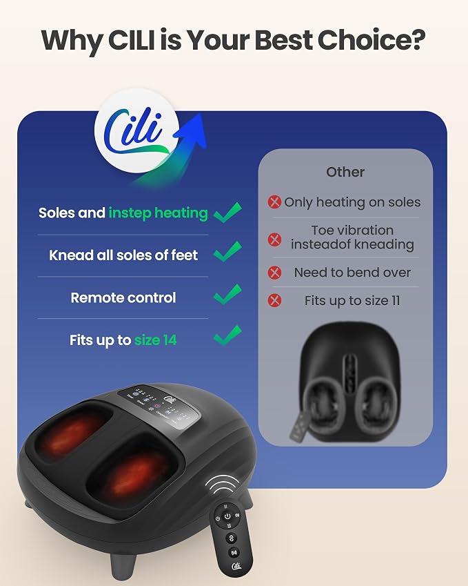 CILI Foot Massager with Heat, Shiatsu Foot Massage Machine for Plantar Fasciitis Neuropathy, 3 Sole & Instep Heating Levels, 3 Intensity Adjustable, Up to Size 14, Gifts for Him Her