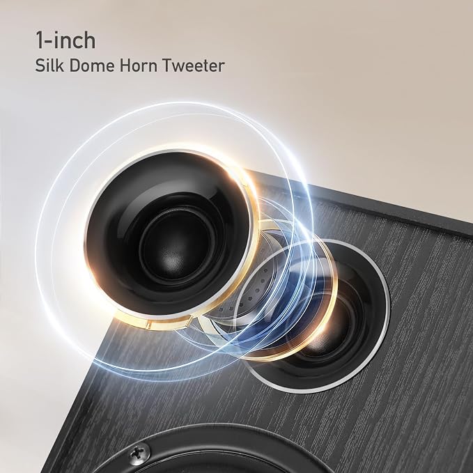 Elimavi Powered Bluetooth 5.3 Bookshelf Speakers - 60W Record Player Speakers with 4" Carbon Fiber Woofer & USB-C/RCA Input, Wooden Monitor Speakers for Turntables, PC, TV, Gaming, Black