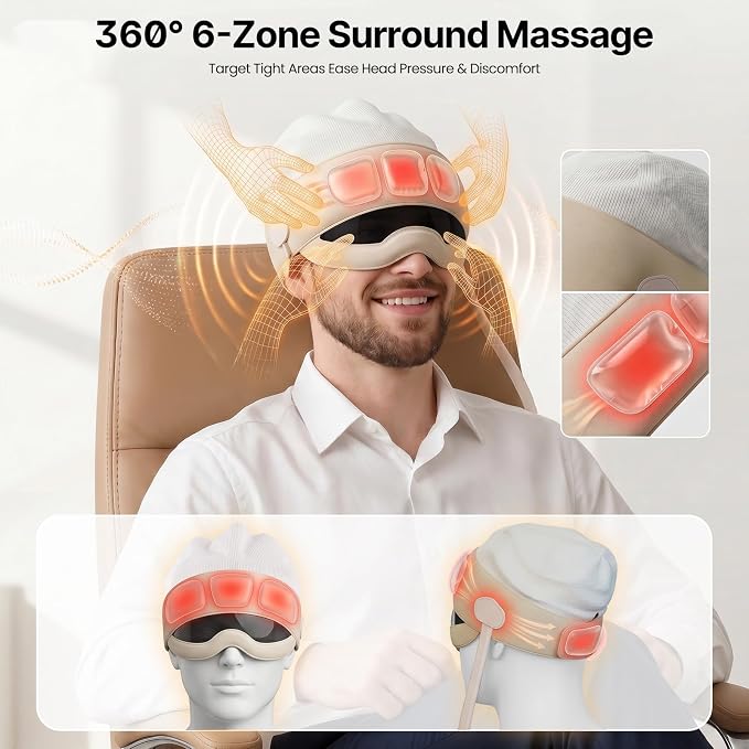 Head and Eye Massager 2 in 1 Electric Head Massager 6 Zone Kneading 6 Level Heat Remote Controller Rechargeable Portable View Window for Migraine Tension Headache Eye Strain Relief GIF