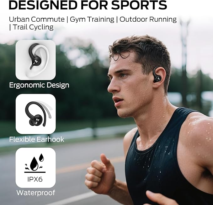 Monster N-Lite 216 Wireless Earbuds, Sports Earbuds with Earhooks, Noise Cancelling Headphones, Stereo Deep Bass Over Ear Buds 48H Playtime, IPX6 Waterproof Earphones for Sports/Running/Workout（Black）