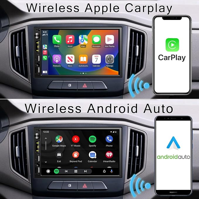Wireless 7 inch Double Din Car Stereo with Apple Carplay,Car FM Radio | Bluetooth 5.1,Backup Camera,HD IPS 1024 * 600 Touch Screen,Mirror Lin,Build-in Mic/USB/AUX/Android Auto/SWC/Audio