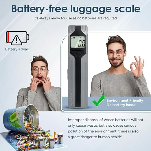 Battery-Free Luggage Scale – No Batteries Needed, Portable Digital Hanging Suitcase Weight Scale for Air Travel & Checked Bags, 110lb/50kg, LCD Display, Compact Travel Accessory