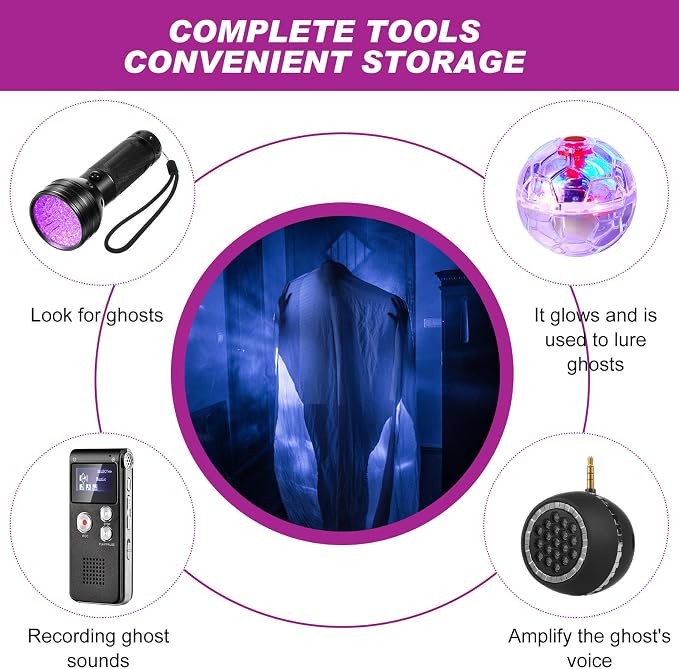 Dunzy 8 Pcs Ghost Hunting Equipment Kit, Include 1 Emf Meter 1 EVP Voice Recorders 1 Spirit Ghost Hunting Research Case 1 Flashlight 1 Speaker 2 Motion Light up Cat Balls 1 Radio(Emf Meter 5, Radio 2)