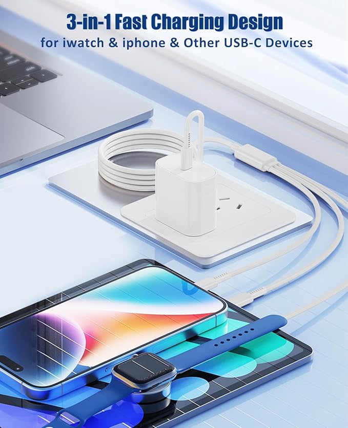 for Apple Watch Charger Fast Charging,3 in 1 Multi Chargers Cable with 20W USB C Charger, iWatch Charger Cord 6FT for iWatch Series Ultra 3/2/SE 3/11/10/9/8/7/6/5/4/iPhone17 15 16 Pro Max/14/13/12/11