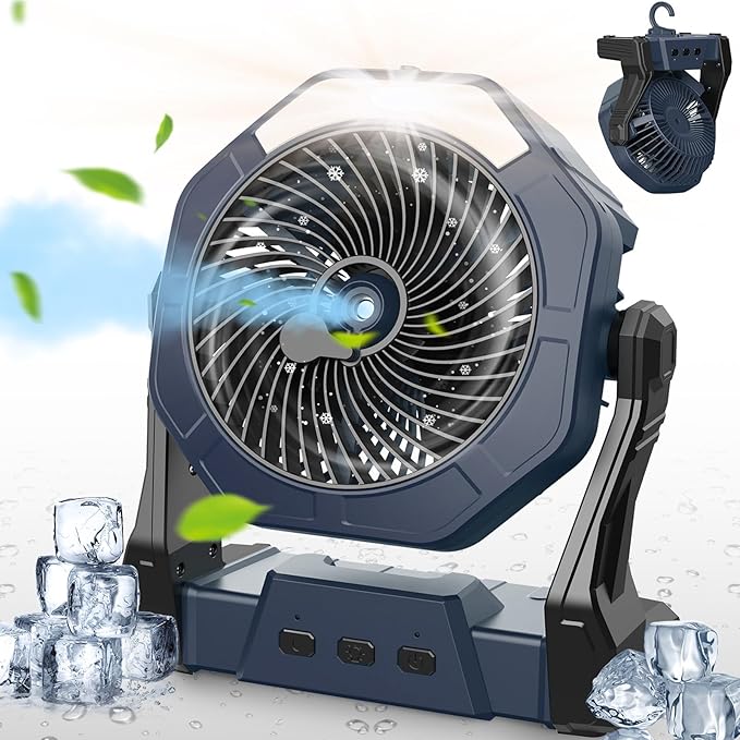 Ausic Portable Misting Camping Fan, 8" Outdoor Cooling Fan with LED Light, Water Spray, Hook, [Max 35H] Battery Operated Rechargeable Fan for Sports Sidelines, Patio, Beach, Tent, Travel