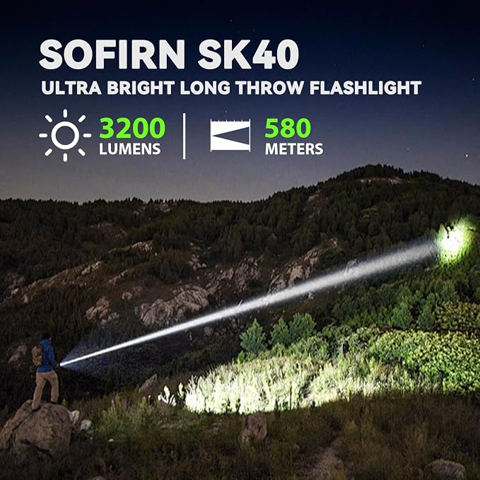 sofirn SK40 Tactical Flashlight 3200 Lumens, Rechargeable EDC Flashlight with 580 Meters Long Throw, Dual Switches LED Flash Light Spotlight for Camping Hiking Hunting Searching