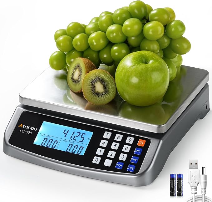 Atogou 110lb Food Scale, Commercial Kitchen Scale with Price Computing, Plug-in Usable, 0.05oz/1g, 304 Stainless Steel, for Cooking, Vegetables, Farm, Industry, Counting. LC300 Grey