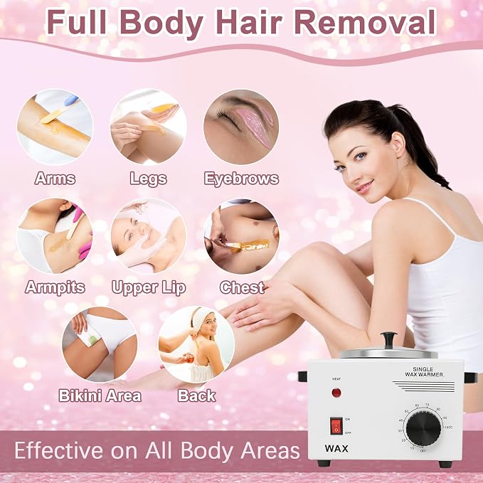 Podoy Wax Warmer for Hair Removal, Professional Single Wax Warmer Pot Melter Heater with Adjustable Temperature Set, Home Spa & Salon Electric Waxing Machine with 200pcs Sticks