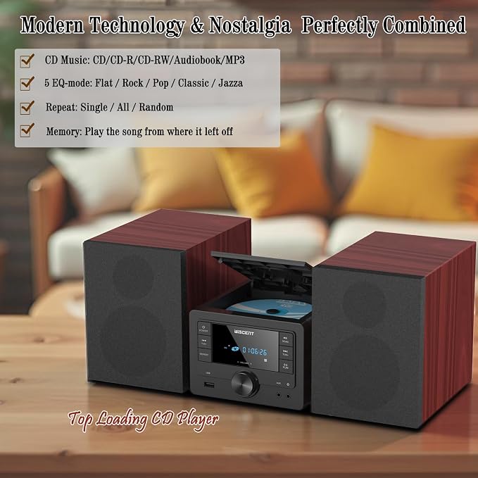 WISCENT Bluetooth Stereo System 40W for Home, CD Player with Wireless Streaming, MP3/USB/Audio in/FM Radio, Powerful Home Audio Sound System