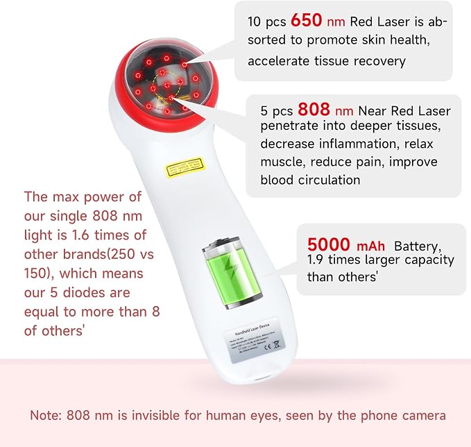 5000mAh Infra Red Light Cold Laser Therapy Device for Dog Pain Relief Low Level Infrared Laser Therapy Machine Pet 808 650nm Professional Vet LLLT Horse Portable Healing Treatment Home Muscle Relax