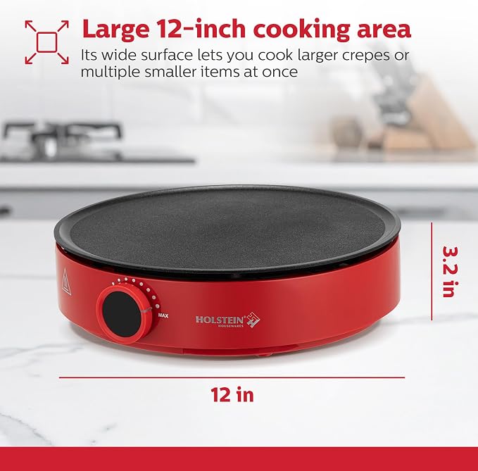 Holstein Housewares 12” Crepe Maker - Adjustable Temperature Control - Nonstick Griddle for Versatile Cooking of Crepes, Quesadillas, Pancakes, Eggs, Bacon & More - Easy to Clean - Indicator Lights