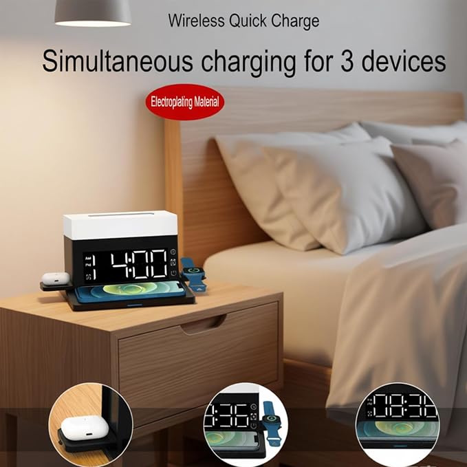 AYI Multifunctional Wireless Charging Station with Alarm Clock, 15W Fast Charger for Phones Watches Earbuds Qi-Certified, Stand with 7 RGB Night Light Modes - N65 Black.