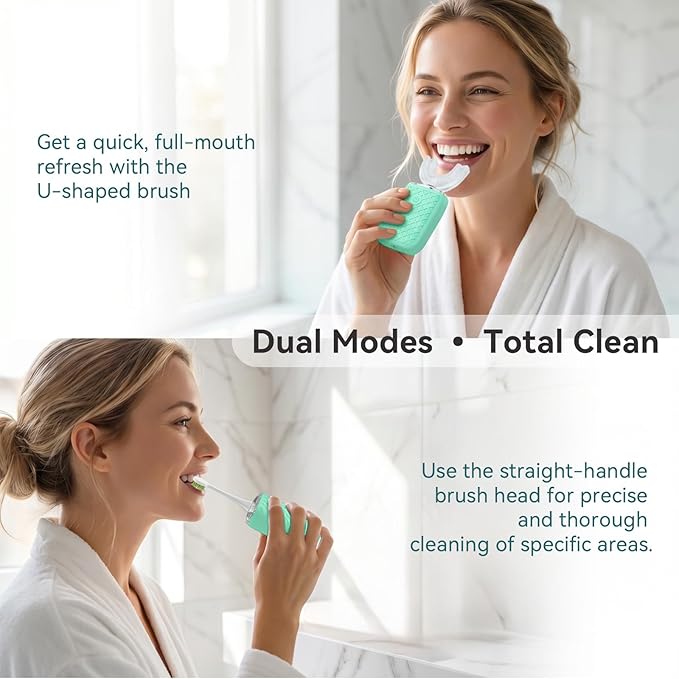 Sonic Electric U Shaped Toothbrush for Adults, Automatic Full Mouth Cleaning Toothbrush, 360° Stain Removal, IPX7 Waterproof Rechargeable, 3 U-Shape & 2 Straight Brush Heads (Green-Cup)