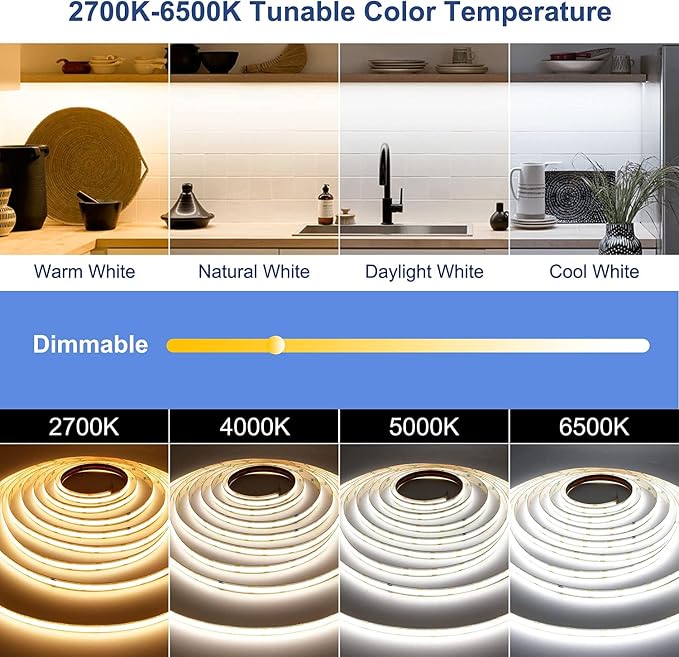 COB LED Strip Lights, CCT Tunable White LED Tape Light 49.2ft/15m, 2700K-6500K, CRI90+, 24V Dimmable LED Strips Kit with Bluetooth APP Control, for Bedroom, Kitchen, DIY Lighting.