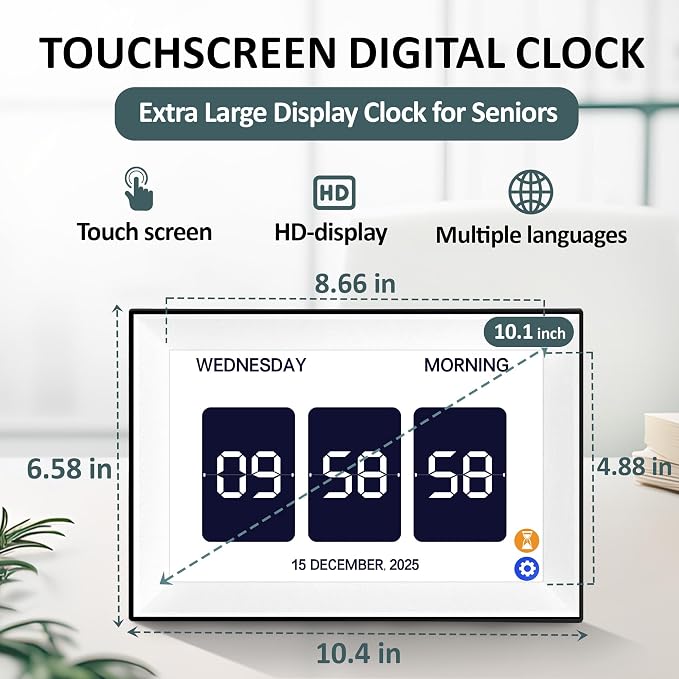 10.1" Touchscreen Digital Clock Large Display, Dementia Clocks for Seniors Custom 64 Reminders and Alarms, Auto DST, Auto-Dimming, Digital Alarm Clock with Day and Date for Elderly(White)