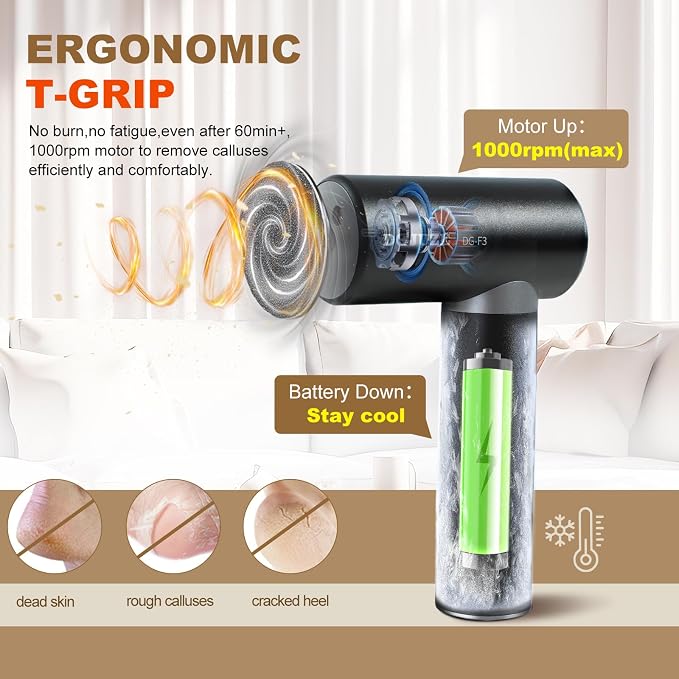Premium Electric Foot Callus Remover, Ergonomic T-Grip 2600mAh Rechargeable 3 Speeds All Metal Foot File for Dead Skin Cracked Heels Pedicure Tool at Home with 60pcs Replacement Pads (Black)
