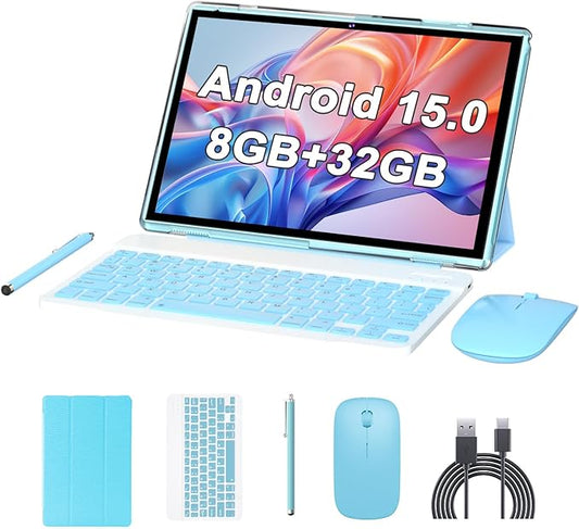 10 inch Android 15 Tablet with Keyboard Stylus, 8GB RAM 2 in 1 Tableta, Includes Mouse & Protective Case, 6000mAh Battery, Wi-Fi 6,Dual Camera, 32GB ROM,tablet set pc - Tablets with case (Blue)