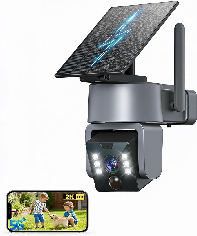 5G & 2.4G Solar Security Camera, Outdoor Security Camera Wireless, 2K Color Night Vision, 360° PTZ Security Camera Outdoor, PIR Human Detection, Two-Way Voice Calling, Alexa