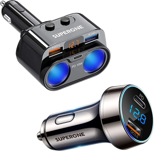 Bundle SUPERONE 200W 2-Socket Cigarette Lighter Splitter Power Adapter & 36W 6A Fast USB Car Charger PD&QC 3.0 Dual Port Car Adapter
