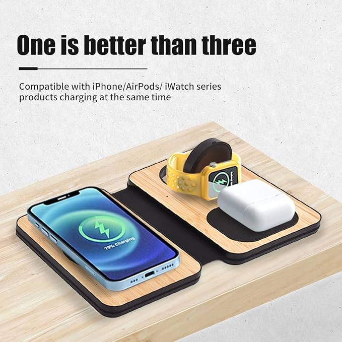 3-in-1 Charging Station for Apple Devices, Fast Mag Safe Wireless Charger, Foldable Travel Charger for Cell Phone 16-12 Series, AirPods, and iWatch Series (Bamboo)