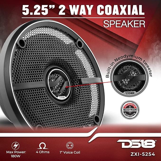 DS18 ZXI-5254 5.25" Car Audio Coaxial Speaker with Built in Neodymium Tweeter and Kevlar Cone – 2 Way 180 Watts Max 4 Ohm (2 Speakers),Black