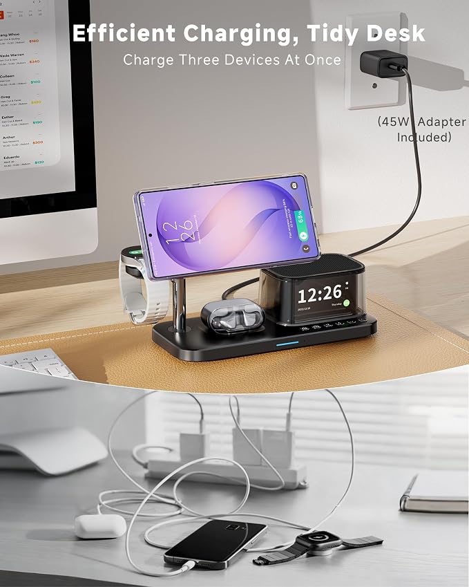 6-in-1 Magnetic Charging Station for Samsung,Qi2.2 25W Fast Wireless Charger for S26 Ultra,Alarm Clock/Night Light/Bluetooth Speaker,Charger Stand for Magsafe for S26 Plus/S25/Z Fold7&Galaxy Watch 8/7
