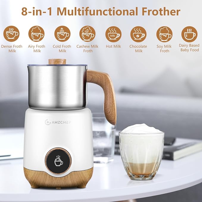 AMZCHEF 8-IN-1 Milk Frother and Steamer 21 oz, 550 Watts Split Stainless Steel Automatic Steamer, Milk's Warmer for Latte, Cappuccino, Hot Chocolate, Hot&Cold Froth, Heated Milk, Baby Food, White