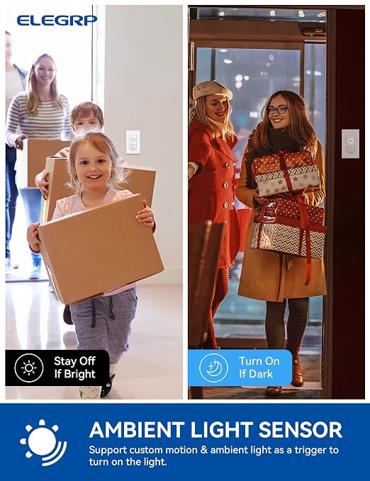 ELEGRP Smart Motion Sensor Switch, 2.4GHz Wi-Fi 3 Way Light Switch Compatible with Alexa & Google Assistant, APP Remote Control, Neutral Wire Required, UL Certified, No Hub Required (White, 1 Pack)
