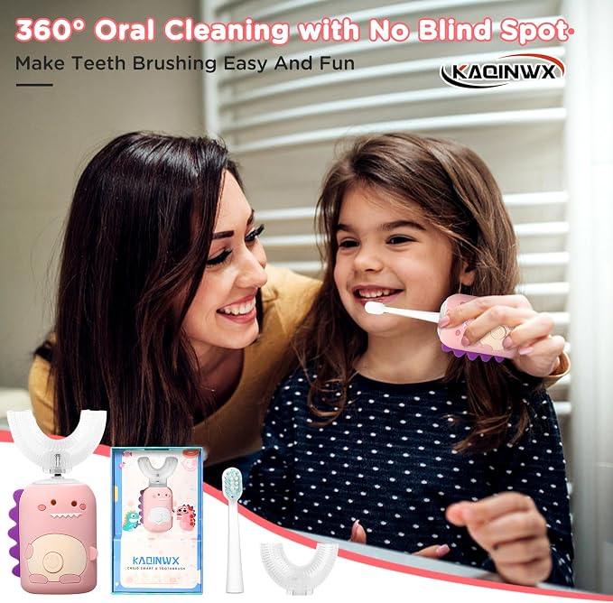 Kids U Shaped Electric Toothbrush for Age 2-12, Rechargeable Toddler Toothbrush with 60S Smart Timer, Dinosaur Design, IPX7 Waterproof & 360°Cleaning,Develop Kids' Brushing Habits