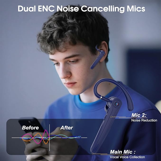 Atheewon Bluetooth Headset, Wireless Bluetooth Earpiece (Blue) | ENC Noise Canceling Mic, 120Hrs, LED Display, IPX7, V5.4 Hand-Free Earphone for Business/Trucker/Driver