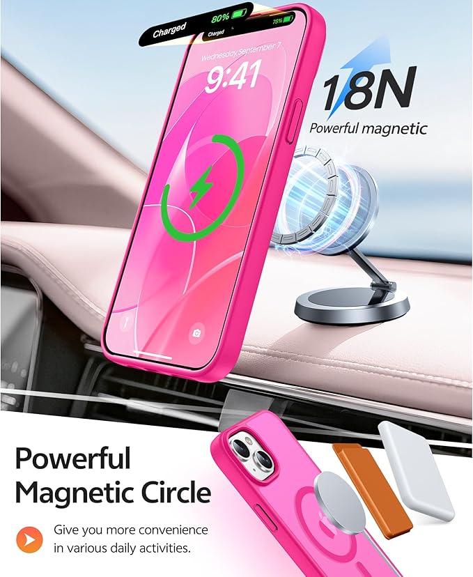 FNTCASE for iPhone 15 Plus Case: for iPhone 14 Plus Case [Compatible with Magsafe] Translucent Matte Cases with [Screen Protector] Military Grade Shockproof Protective Phone Cover - Hot Pink