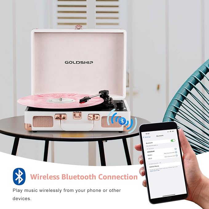 Portable Record Player with Bluetooth, 3-Speed Vinyl Turntable with Built-in Battery, Suitcase Design, Headphone Jack, RCA & Aux Connectivity for Indoor & Outdoor Listening