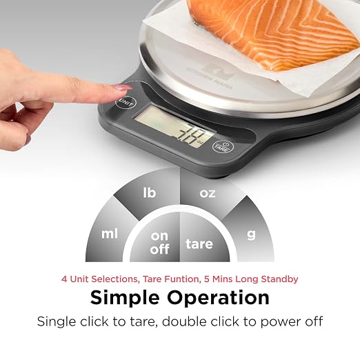 Kitchen Mama Q-Series Digital Food Scale, Metal Gray | 13.2 lb / 6000g Capacity, 1g Precision, Tare Function, Stainless Steel Platform, LCD Display