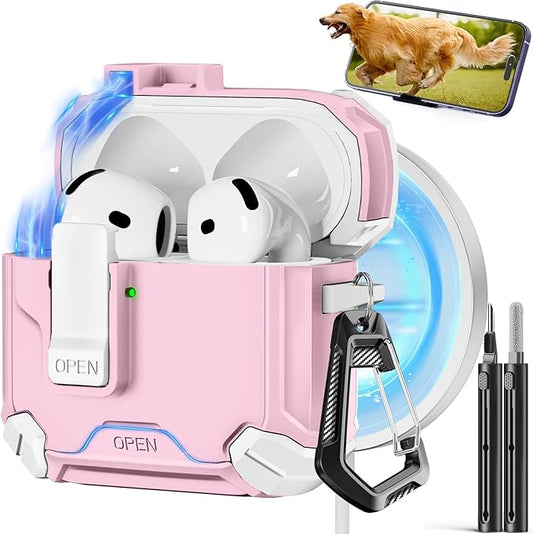Pohgelan Compatible with AirPods 4 Case,Magnetic Automatic Lock with Phone Stand & Cleaning Kit,Compatible with Magsafe Cover -s-Pink