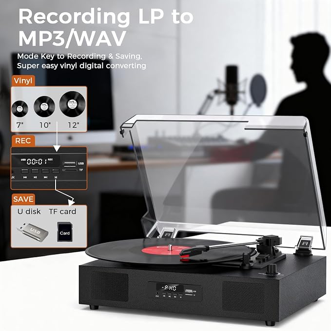 Vinyl Record Player with Built-in Stereo Speakers, Vinyl to USB Recording, Belt Drive 3 Speeds Turntables for Vinyl Records Support Bluetooth Input AUX RCA Output, Black