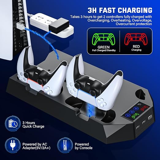 PS5 Slim Cooling Station with Controller Charging Station for PlayStation 5 Console Slim&Standard Disc/Digital, PS5 Cooling Stand Accessories with Cooler Fan/3 USB Hubs/Media&Headset Holder - Black