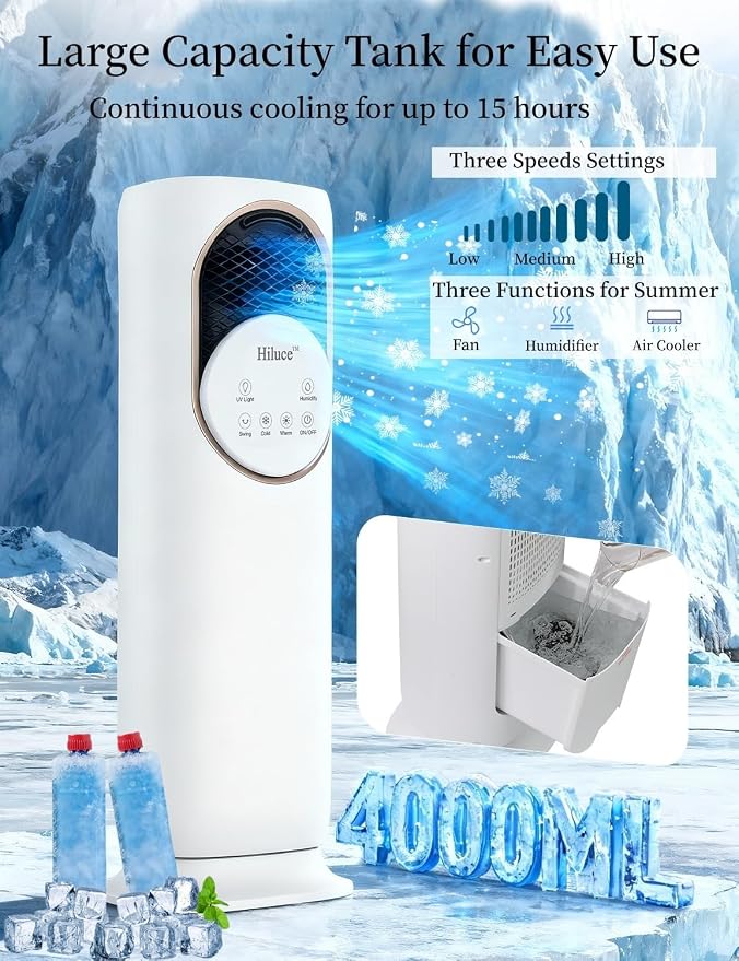 Hiluce 4-IN-1 Evaporative Air Swamp Cooler,Quiet Fan and Heater Combo,28 ft/s Tower Fans that Blow Cold Air,Removable Water Tank,Ice Packs,180°Oscillating,2 Heating & 3 Cooling Speeds,9H Timer