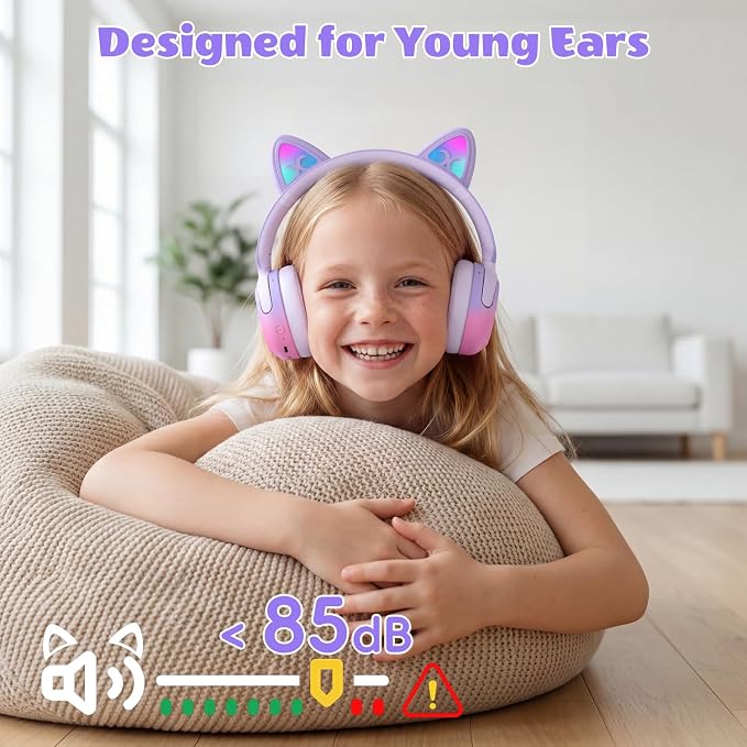 Candy Bila Kids Bluetooth Headphones with LED Cat Ears, Active Noise Cancelling Headphones, 85dB Safe Volume, 40H Play Time, Bluetooth 6.0, Built-in Mic for iPad/Tablet/Airplane, Purple