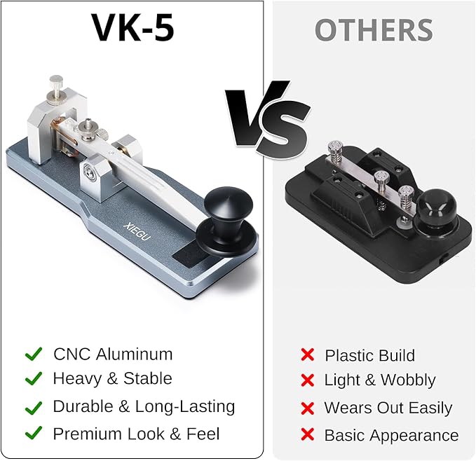 XIEGU VK-5 Mini CW Straight Key, Portable Morse Code Key Telegraph Key with Durable CNC Aluminum Base Silver-Plated Copper Contacts, 3.5mm Jack, for HF Transceiver G90/X6100/X6200/X5105/G106