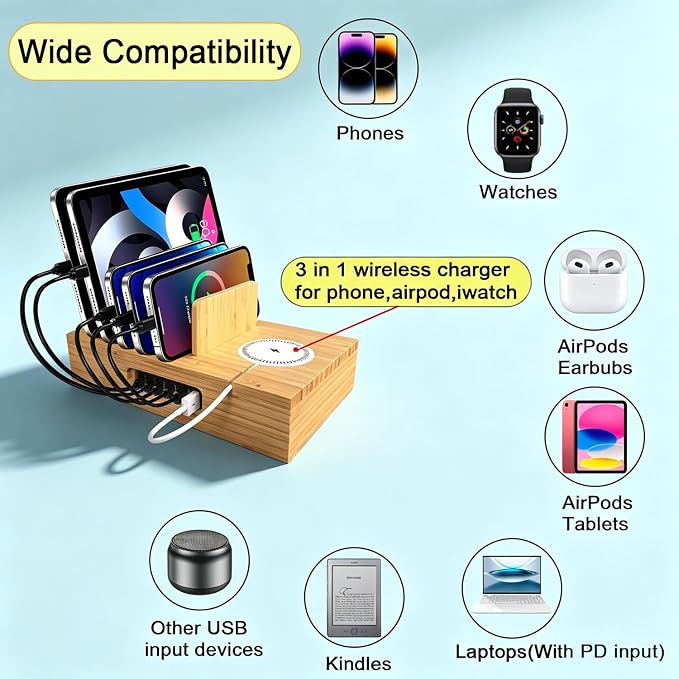 PD 100W Charging Station for Multiple Devices,6 Port USB Bamboo Charging Station Organzier with Detachable 15W 3 in 1 Wireless Charger Station for iPhone Android Apple Watch AirPod Tablet
