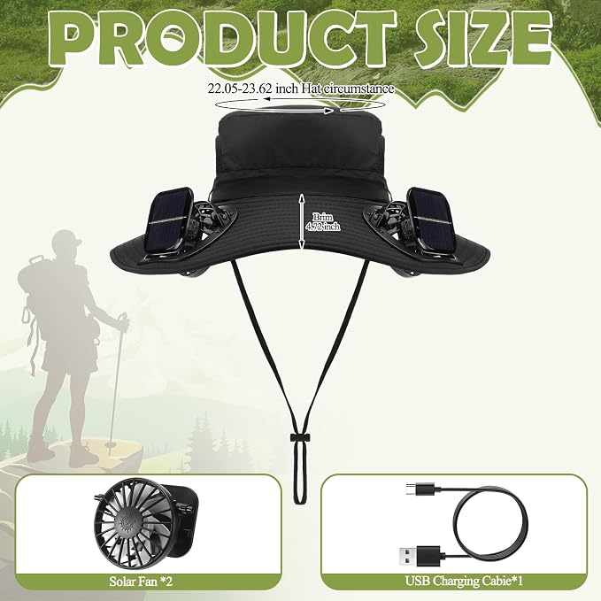 Berlune Sun Hat with 2 Solar Fan Wide Brim Fishing Bucket Hat USB & Solar for Men Women UPF 50+ Cooling for Fishing Beach