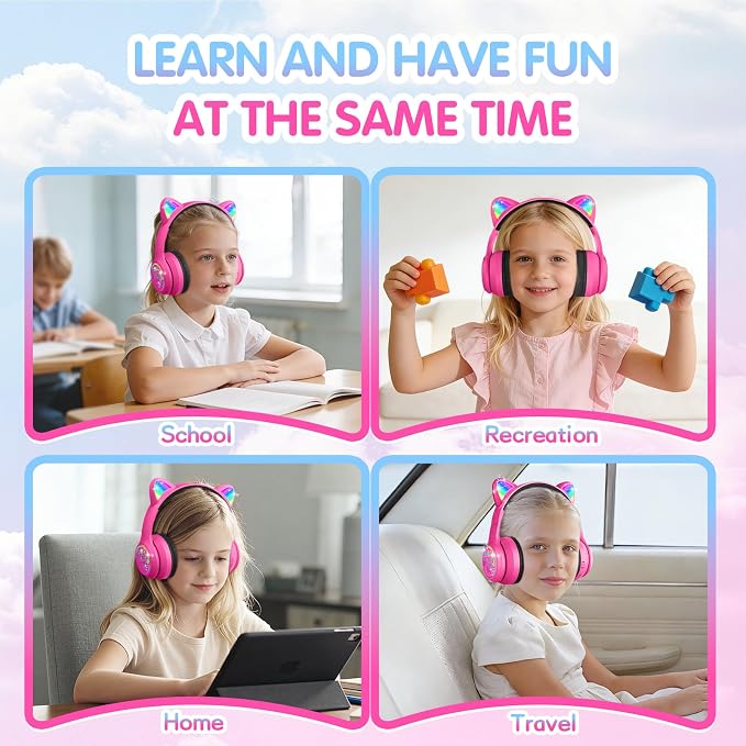 IFECCO Kids Wireless Headphones with Case - Cute LED Light Up Cat Ear,50H Playtime,Safe Volume Limited,Bluetooth 6.0 Kids Girls Headphones for School iPad Tablet Gifts