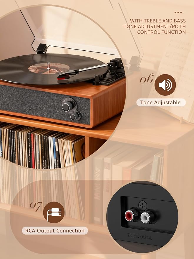 Vinyl Record Player Vintage Turntable for Vinyl Records LP Phonograph Auto Stop Tone Adjustment Belt Drive 3 Speed 3 Size Support Wireless Input RCA Output Retro Walnut Red Brown