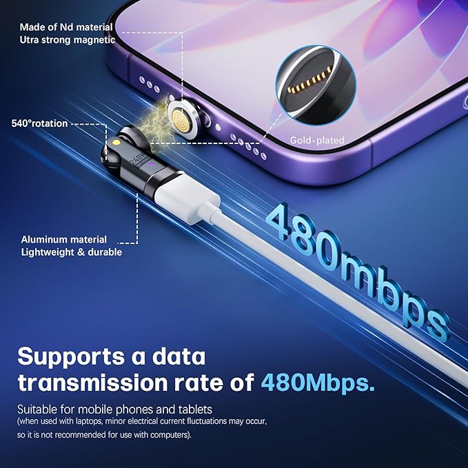 Magnetic USB C to C Adapter, 240W PD Fast Charging, 480Mbps Data Transfer, 540°Rotating Swivel Connector with LED Type-C Tips Port Protection 9-Pin for Phone 15 Pad Galaxy
