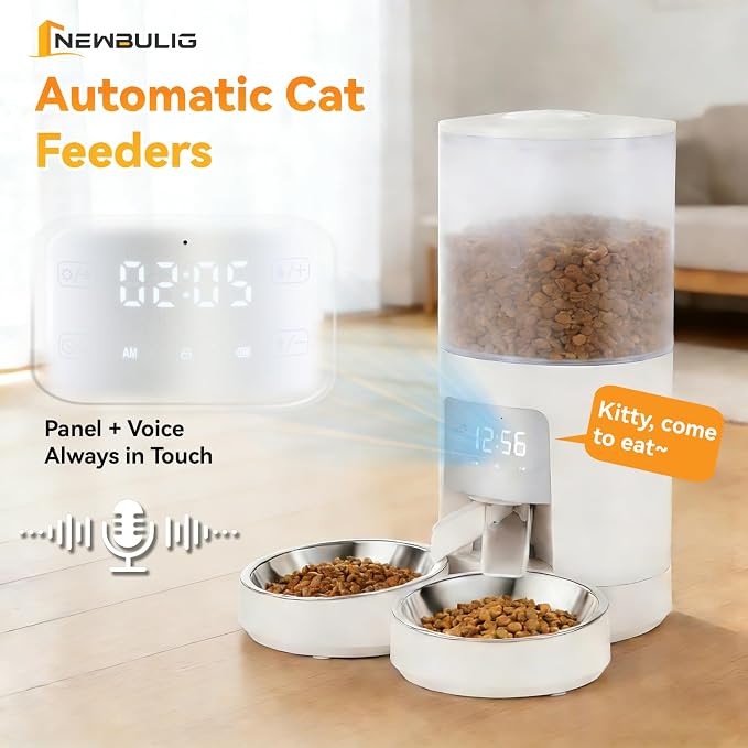 NEWBULIG Automatic Cat Feeder for 2 Cats, 6L/25.3 Cups Timed Pet Feeders with Dual Bowls, 10s Voice Recorder, Dog Food Dispenser for Dry Food, 6 Meals/Day, 50 Portions/Meal, Dual Power Supply, White