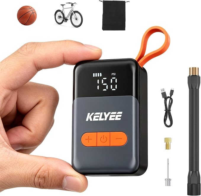 F05 Mini Electric Bike Pump 150 PSI, Portable Bicycle Tire Inflator with Presta & Schrader Valve, Fast Inflation Tiny Bike Pump for Road Bike & MTB