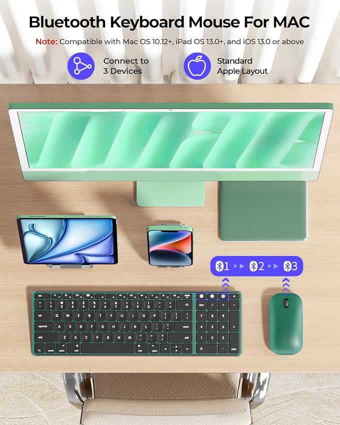 seenda Bluetooth Keyboard and Mouse Combo for Mac, SKM64-2 Rechargeable Silent Wireless Keyboard Mouse Compact Slim, 3 Multi-Device Connection, Compatible for Mac MacBook Pro/Air iPad, Black Green