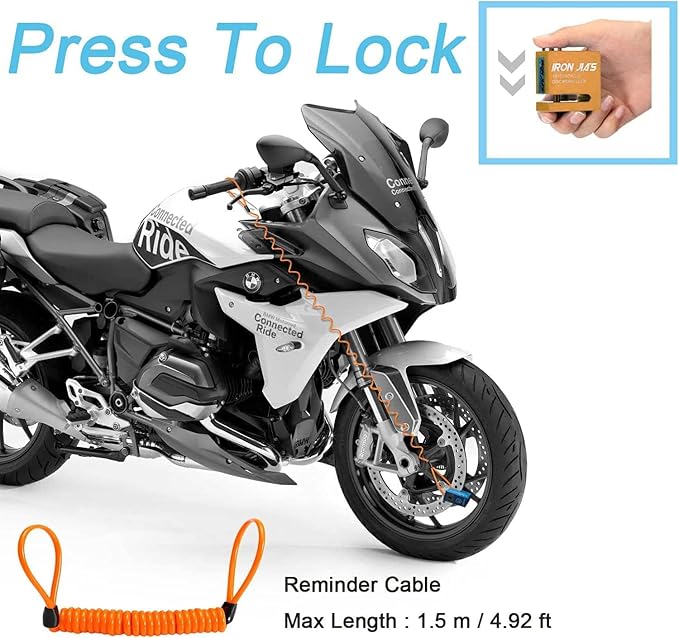 IRON JIA'S Motorcycle Disc Lock Anti-Theft Wheel Brake Lock Waterproof Alloy with Reminder Cable and 2 Keys, Alarm-Free for Motorbike, E-Scooter, Mountain Bike Gold