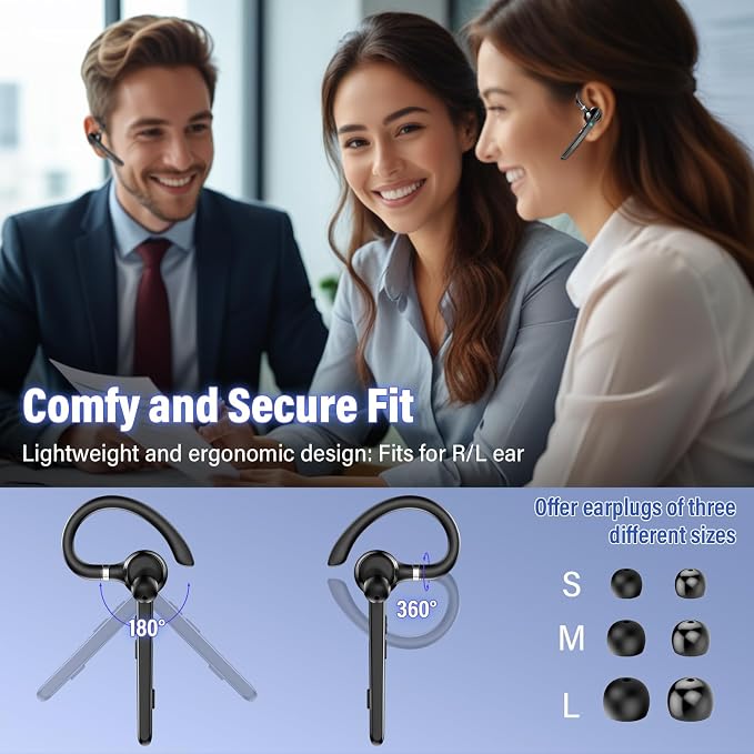 2026 Bluetooth Headset, Wireless Bluetooth 5.3 Earpiece, 90Hrs Single-Ear Headset with APTX HD Audio & Mute Button, Dual Noise Cancelling Mics, Hands Free Headphone for Trucker, Business, Gym, Grey