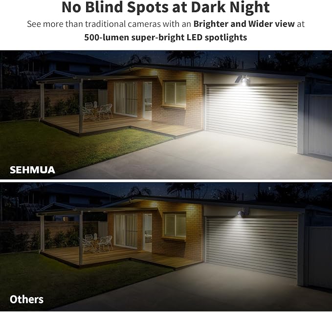 SEHMUA Solar Security Cameras Wireless Outdoor with 500-Lumen Super-Bright LEDs Spotlights, 2K 360° View Outdoor Camera Wireless, Color Night Vision, PIR Motion Detection,2-Way Audio